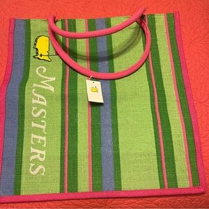 NWT Masters Green and Pink Striped Jute Tote Bag
